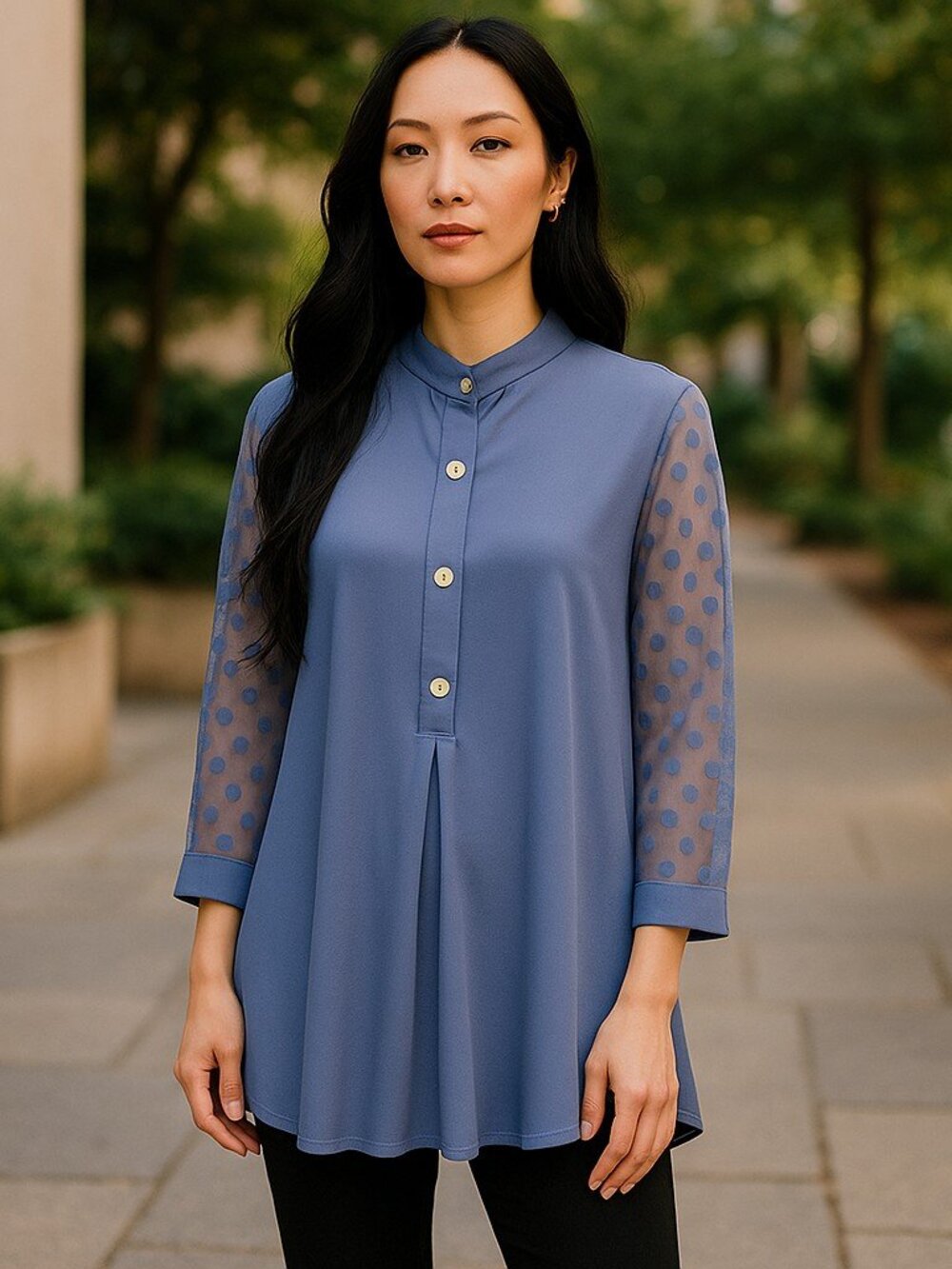 STUDIO 1886 Blue Semi Sheer Sleeve Tunic Top Ladies L Size 12-14